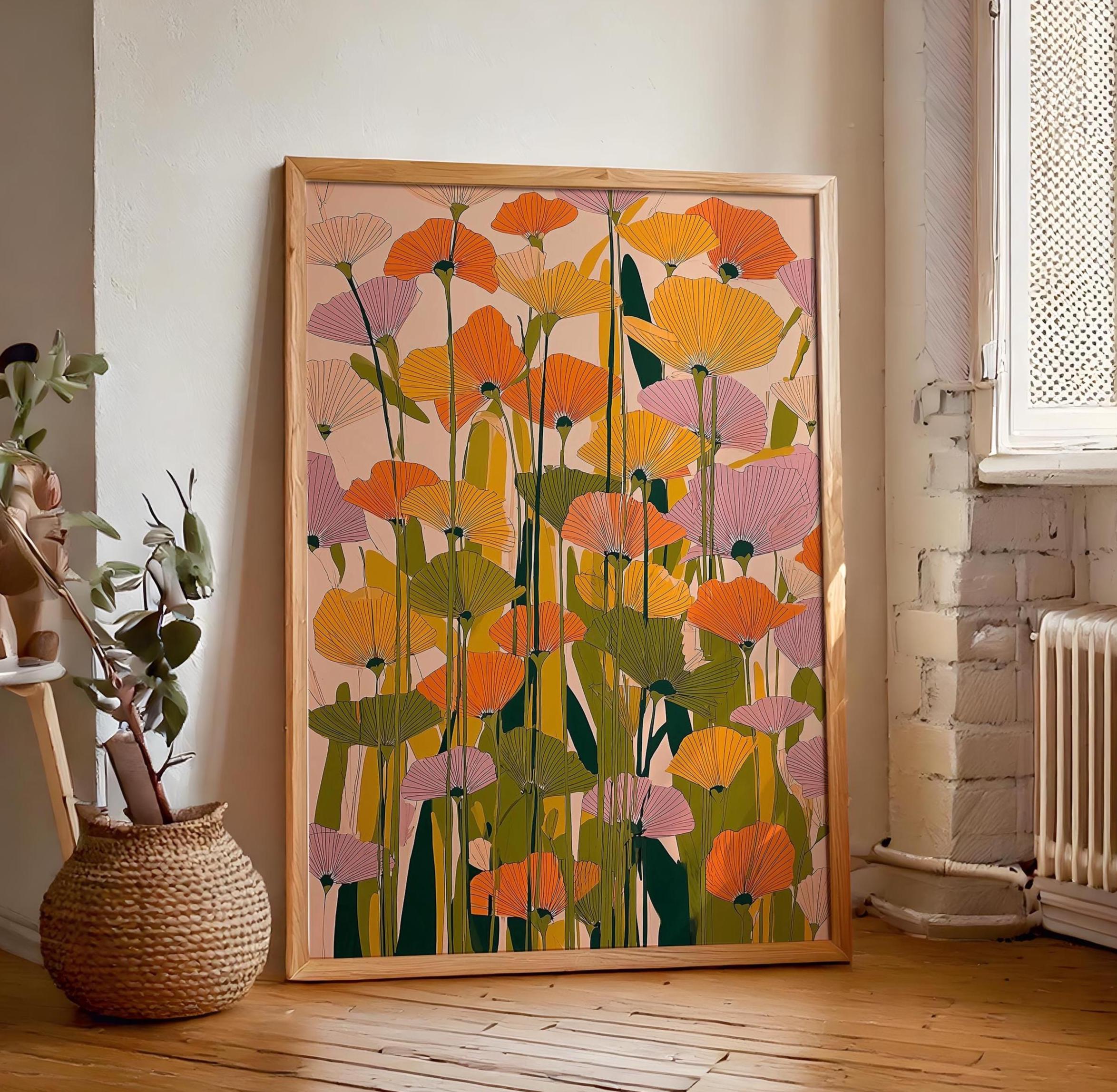 Wildflower Art Deco Floral Wall Art, Maximalist Colorful Printable