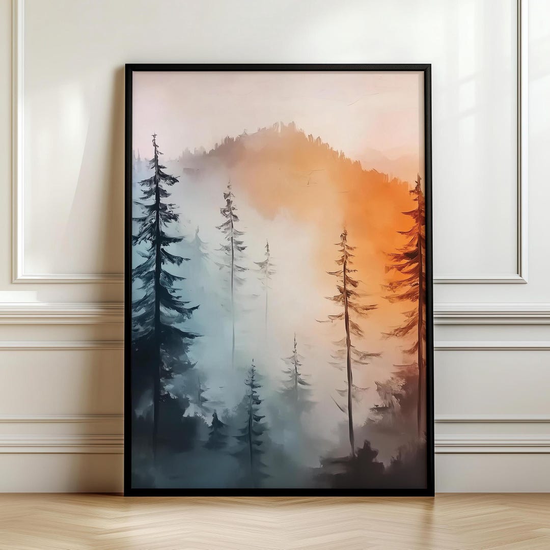 Misty Mountain Pine Tree Wall Art | Vintage Forest Painting | Rustic ...
