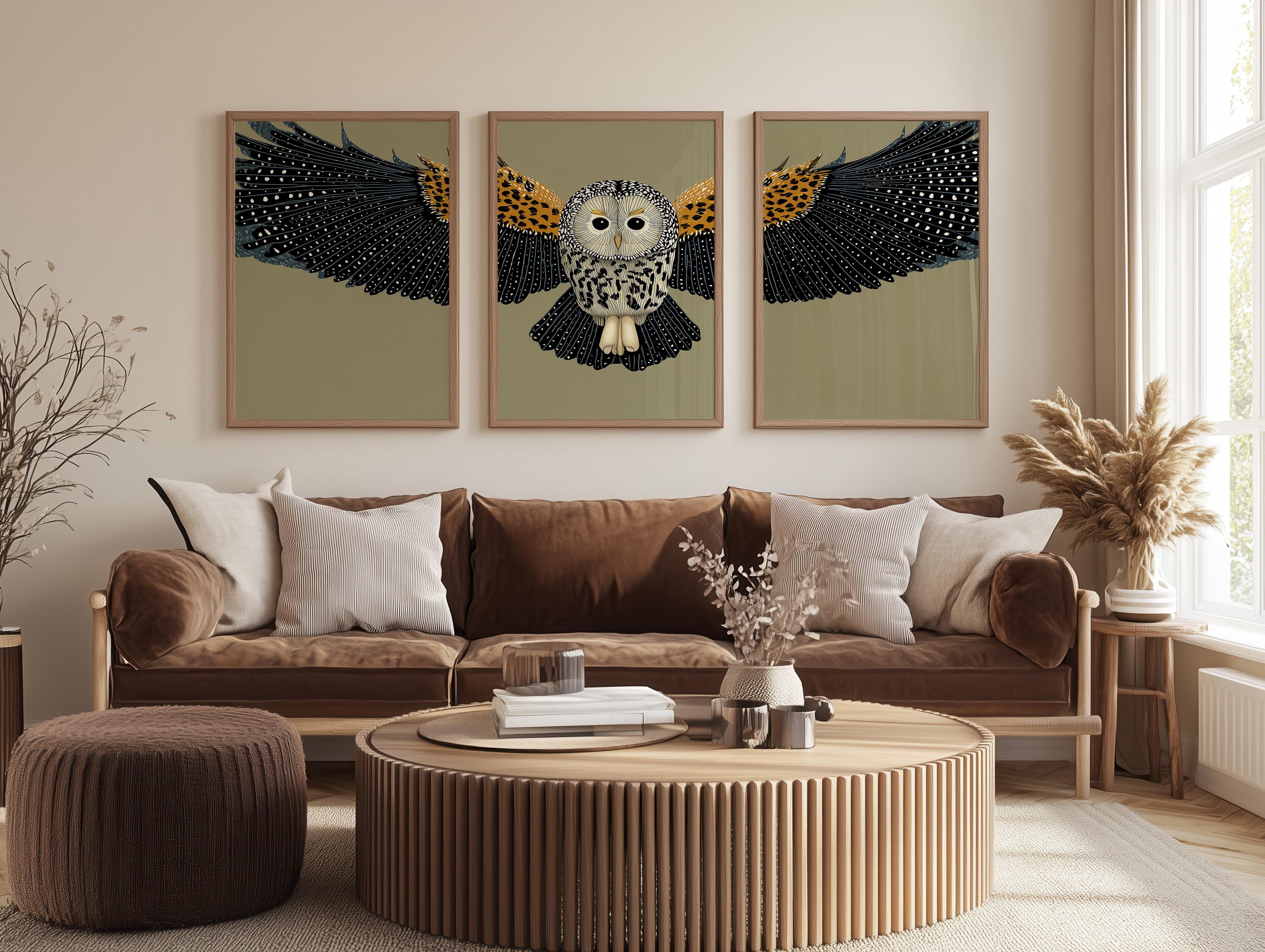 Retro Vintage Owl, Green 3 Three Piece Set of Wall Art, Printable Digital Download