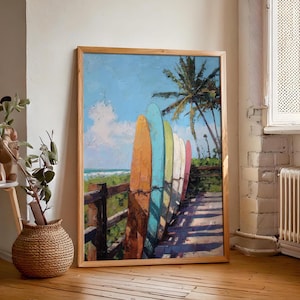 Arte mural de tabla de surf / Impresión de pintura playera / Póster de surf vintage / Tapiz retro de surf costero / Encuéntrame en la playa / Descarga digital