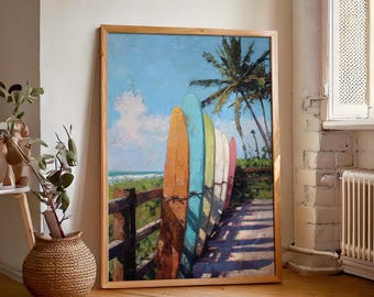 May include: A painting of a row of colorful surfboards leaning against a wooden fence. The surfboards are painted in shades of blue, green, orange, and yellow. The background is a beach scene with palm trees and a blue sky.