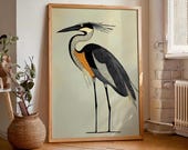 Retro Vintage Neutral Heron Print, Digital Download, Art Deco Wall Art, Modern House Decor, Bird Lover Decor, Abstract Geometric Aesthetic