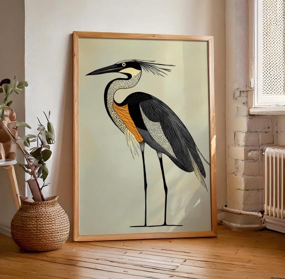 Retro Vintage Neutral Heron Print, Digital Download, Art Deco Wall Art, Modern House Decor, Bird Lover Decor, Abstract Geometric Aesthetic