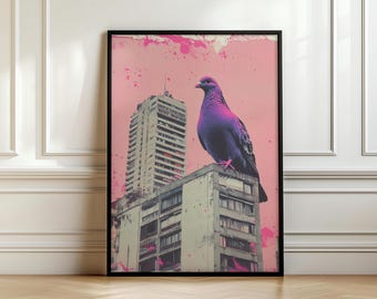 Impresión risográfica de paloma: Arte urbano de aves (impresión digital)