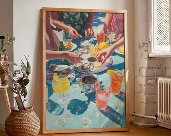 Oysters and Caviar Print, Cheers Coastal Wall Art, Retro East Coast Kitchen, Beachy Summer Poster, Beach House Decor, Digital Download