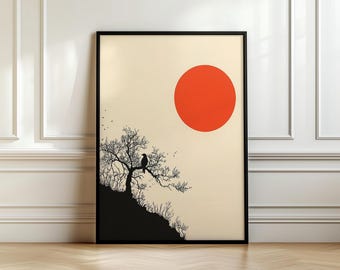 Cream With Red Sun Japandi Wall Art Print | Wabi Sabi Digital