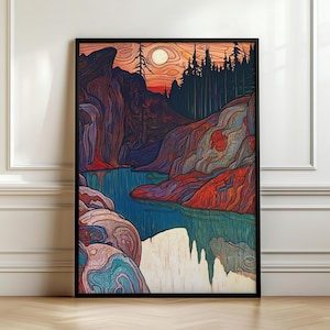 Könnte beinhalten: Eine stilisierte Illustration einer Waldszene mit einem Fluss, der durch einen Canyon fließt. Der Fluss ist tiefblau und die Canyonwände sind eine Mischung aus Rot, Orange und Lila. Die Bäume sind vor einem Sonnenuntergangshimmel silhouettiert.