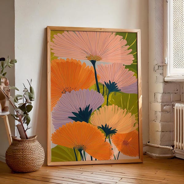 Pink Orange Art Deco Floral Wall Art, Maximalist Colorful Printable Artwork, Abstract Flower Prints, Digital Download