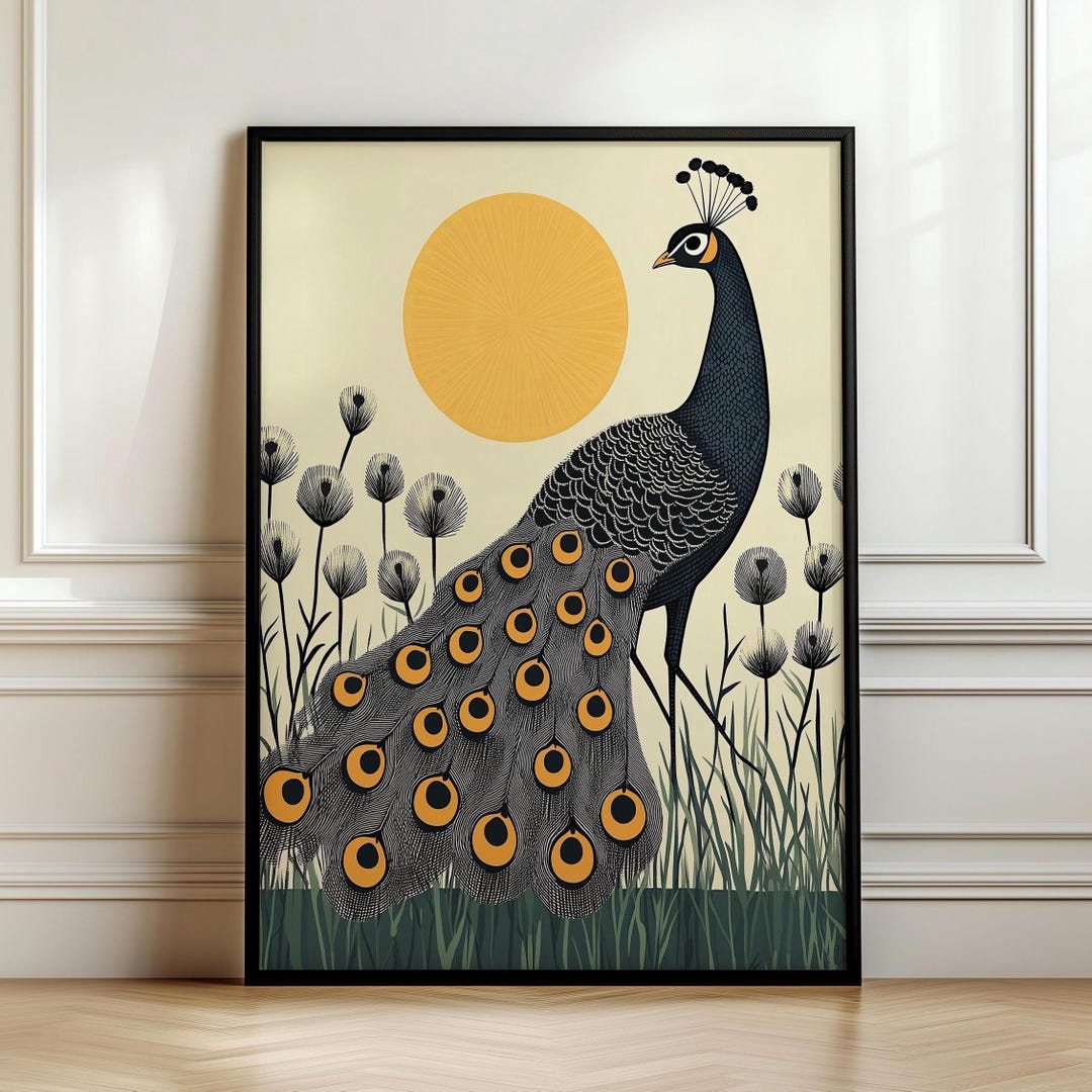 Sunny Peacock Print, Art Deco Wall Art, Retro Mid Century Modern