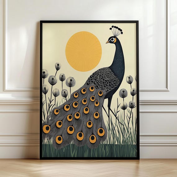 Sunny Peacock Print, Art Deco Wall Art, Retro Mid Century Modern
