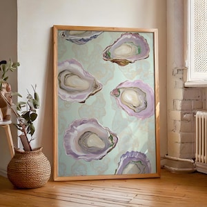 May include: A framed painting of five oyster shells on a light green background with a subtle floral pattern. The oyster shells are painted in shades of purple, pink, and white.