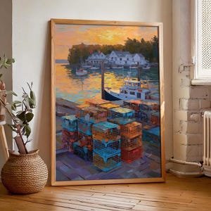 May include: A framed painting of a harbor scene at sunset. The artwork depicts a dock with colorful lobster traps in the foreground, a boat, and white buildings along the shore. The sky is a blend of orange and yellow hues.