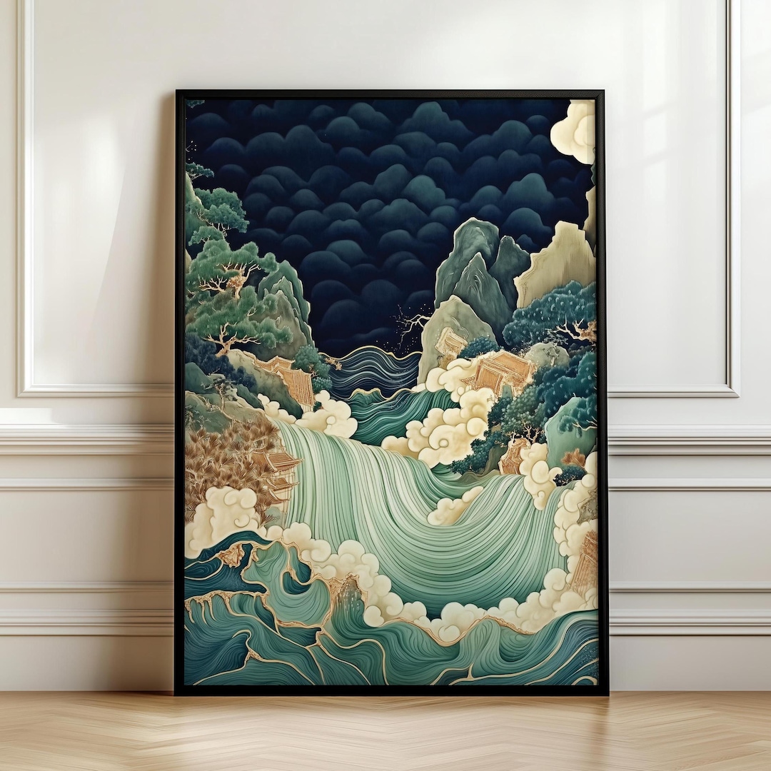 Japanese Abstract River Digital Print | Waterfall Painting Poster ...