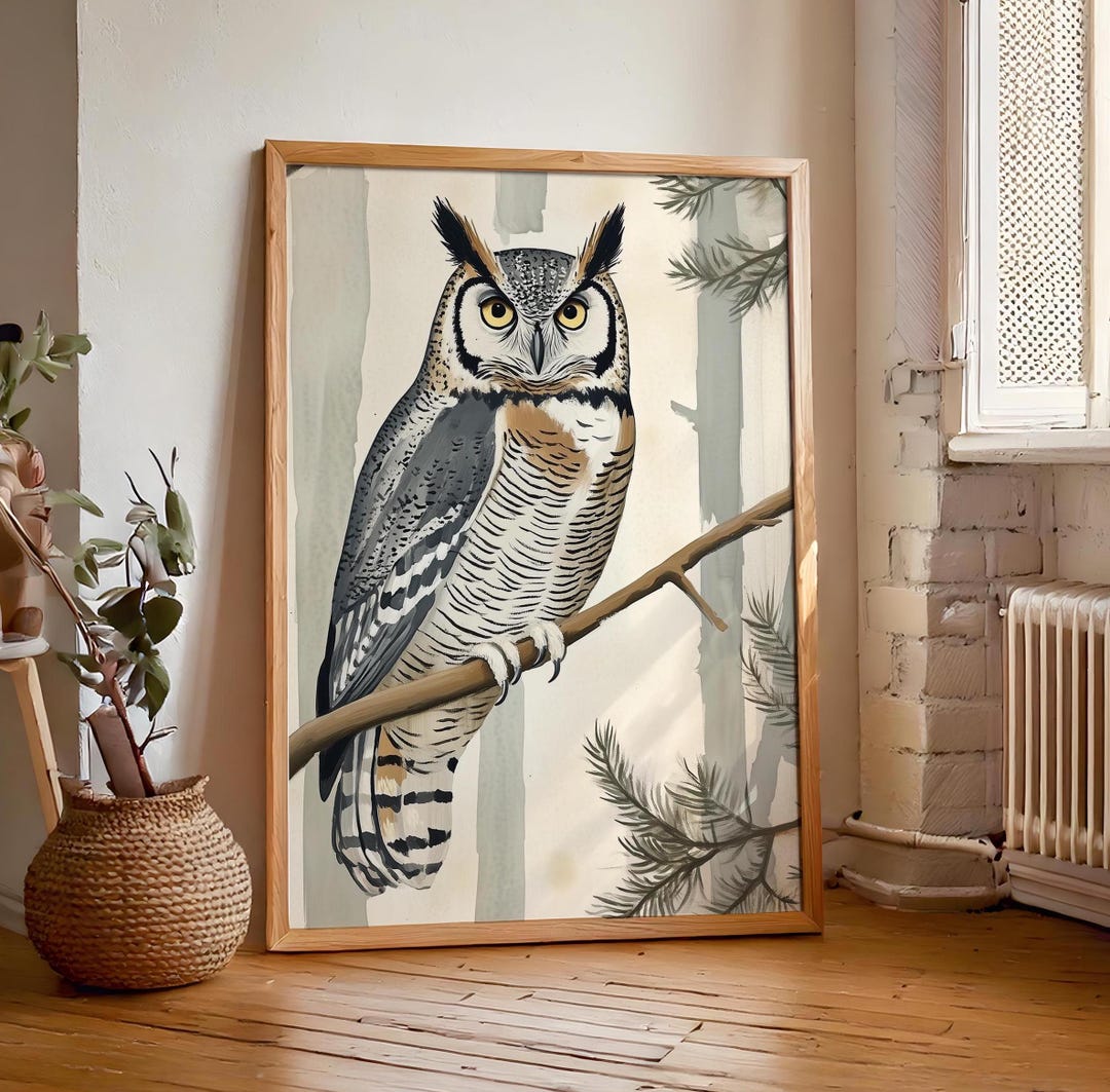 Great Horned Owl Print, Retro Art Deco Wall Art, Vintage House Decor ...