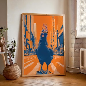 Chicken Print, Risograph image Printable Wall Art. Chicken Lover Decor. Digital Print of a Rooster. Artistic Print. Orange Print.
