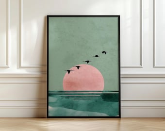 Flying Birds Setting Sun Print, Minimalist Japandi Wall Art (Digital Download)