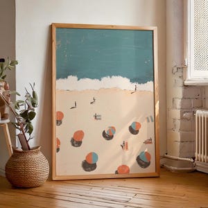 Arte de pared costero en azul y verde / Impresión de escena oceánica retro / Póster playero de verano / Decoración de casa de playa / Obra de arte minimalista imprimible y descargable