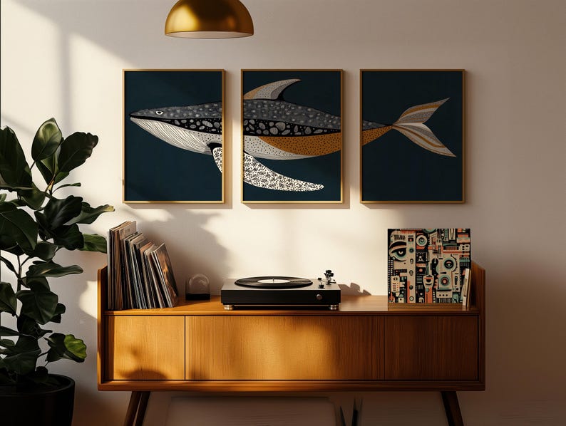 Vintage Humpback Whale, Retro Coastal Three Piece Set of Wall Art, Art ...