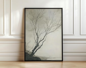 May include: A framed art print with a watercolour depiction of a bare tree. The artwork uses grey and black tones, with a minimalist style. The tree's branches extend upwards against a soft, neutral backdrop. The frame is black.