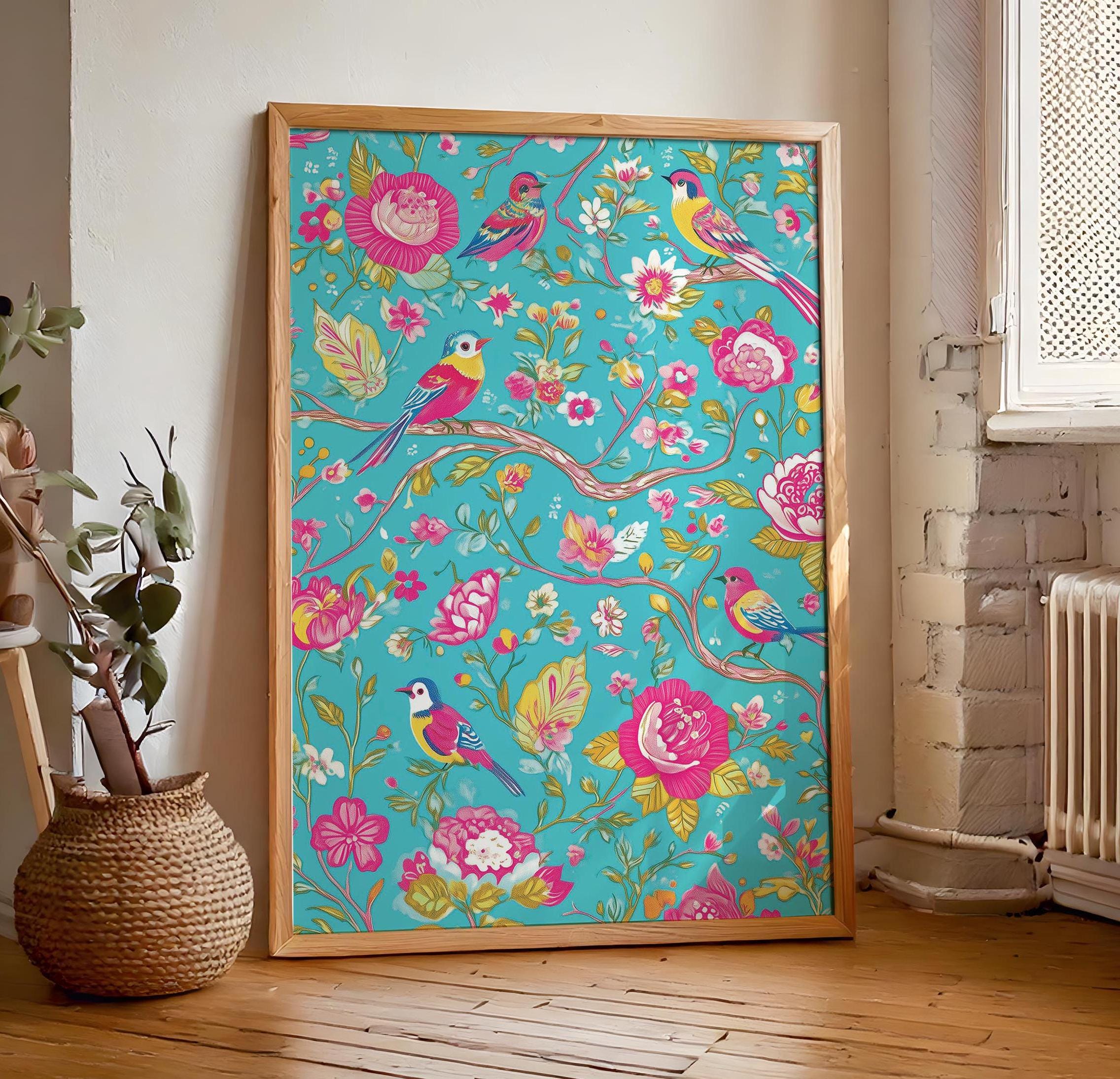 Chinoiserie Textile Bright Wall Art, Sea Green Blue Botanical W