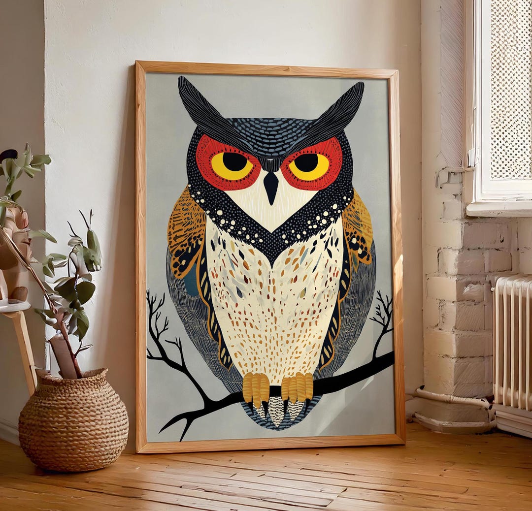 Wise Owl Print, Vintage Art Deco Wall Art, Retro Horned Owl Wall ...
