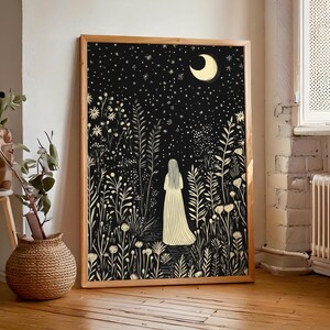 May include: A black and white illustration of a person standing in a field of flowers under a crescent moon and a starry night sky.