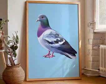 May include: A framed illustration of a pigeon with a blue and grey body, a pink breast, and a light blue background.