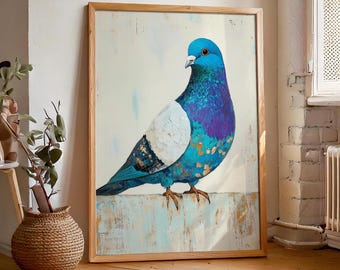May include: A framed painting of a blue and purple pigeon with a white patch on its chest. The pigeon is perched on a wooden ledge against a light blue background.