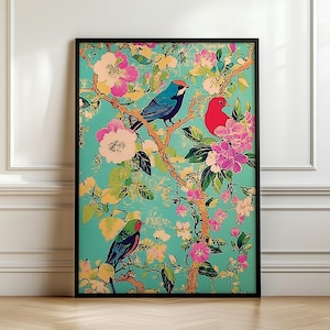 Textile Wall Art | Teal Chinese Painted Silk | Light Academia | Vintage Asia Antique Decor | Floral Asian Wall Hanging | Digital Download