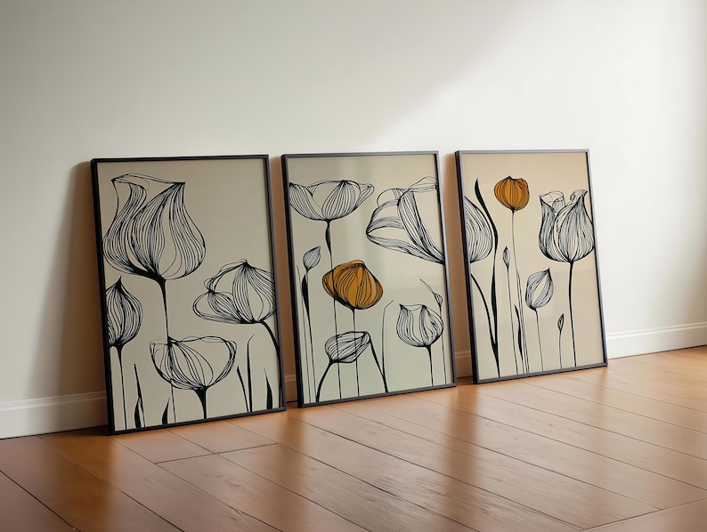 Minimalist Floral Art Deco Print, Neutral Boho Three Piece Set of Wall ...