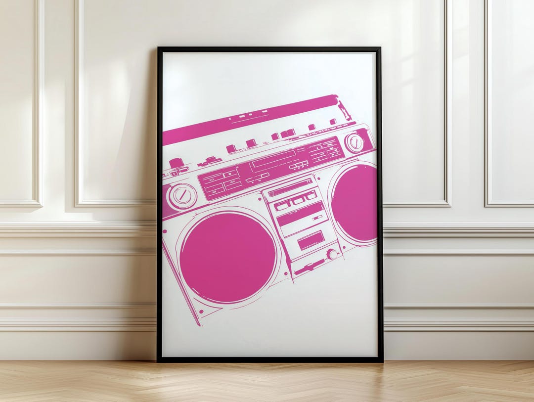 Vintage Pink Boombox Print, Retro 1980s 1990's Music Boom Box Wall