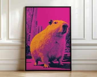 Arte urbano gráfico de carpincho, estampado animal en tonos naranja y azul intenso, decoración de pared contemporánea, impresión infantil caprichosa, obra de arte digital descargable