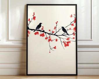 May include: A black framed print of a watercolor painting depicting a branch of a tree with red blossoms and two black birds perched on the branches.