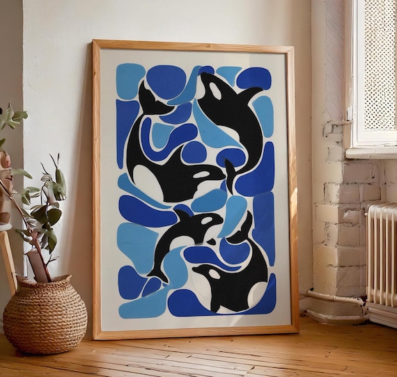 MCM Orcas Wall Art, Henri Matisse Style Print, Art Deco Orca
