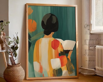 Emerald Green Abstract Minimalist Print, A Woman Reads, Colorful Wall Art, Modern House Decor, Retro Vintage Painting, Digital Download