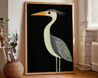 Retro Vintage Heron on Black Print, Digital Download, Art Deco Wall Art, Modern House Decor, Bird Lover Decor, Abstract Geometric, Bird Love