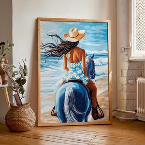Küsten Cowgirl Wand Kunst | Retro Blau Ozean-Szene Poster | Sommer Poster | Strand Haus Dekor | Minimalistisches druckbares Kunstwerk |