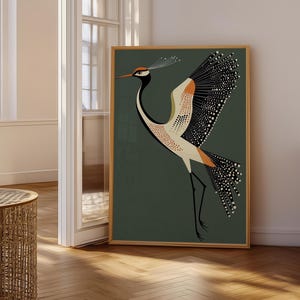 May include: A stylized illustration of a bird with black, white, orange, and green colors on a dark green background. The bird has a long neck and a long beak. The bird is in a dancing pose with its wings spread out.