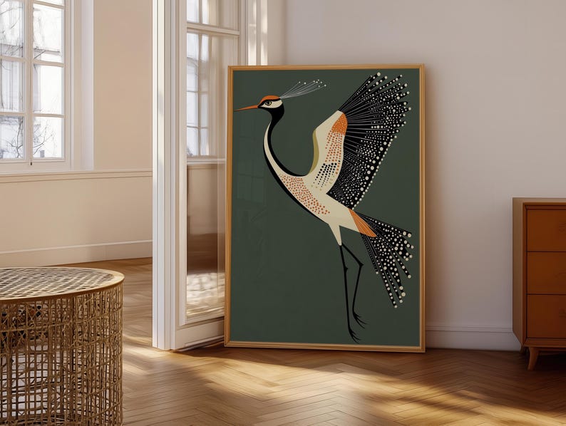 May include: A stylized illustration of a bird with black, white, orange, and green colors on a dark green background. The bird has a long neck and a long beak. The bird is in a dancing pose with its wings spread out.
