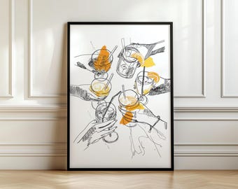 Può includere: Un disegno in bianco e nero di cinque persone che brindano con bicchieri di succo d'arancia. I bicchieri sono pieni di succo d'arancia e cubetti di ghiaccio. Le persone tengono cannucce nelle loro mani. Il disegno è su sfondo bianco.