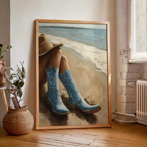 Arte de pared de vaquera costera / Impresión de escena retro del océano azul / Póster de verano playero / Decoración de casa de playa / Obra de arte minimalista imprimible /
