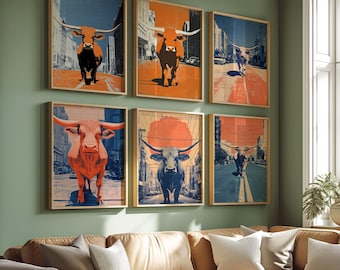 LongHorn Wall Art Gallery, Set of 6 Prints, Printable Wall Art, Texas Longhorn Cow, Cityscape Digital Print, Urban Cow, Masculine wall art.