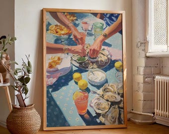 Caviar and Oysters Print, Cheers Coastal Wall Art, Retro East Coast Kitchen, Beachy Summer Poster, Beach House Decor, Digital Download