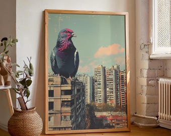Impresión risográfica de paloma: Arte urbano de aves (impresión digital)