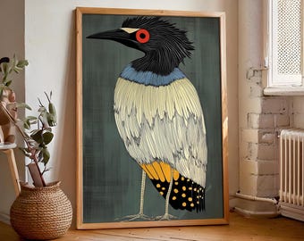 Impresión de garza retro vintage verde esmeralda, descarga digital, arte de pared art déco, decoración de casa moderna, decoración para amantes de las aves, geométrico abstracto.