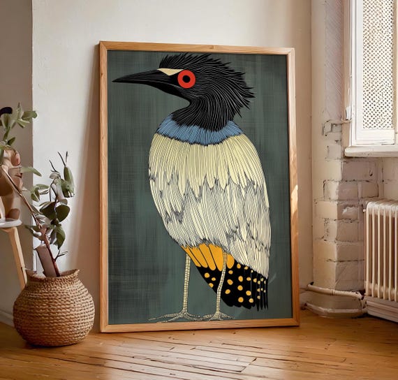 Emerald Green Retro Vintage Heron Print, Digital Download, Art Deco Wall Art, Modern House Decor, Bird Lover Decor, Abstract Geometric.