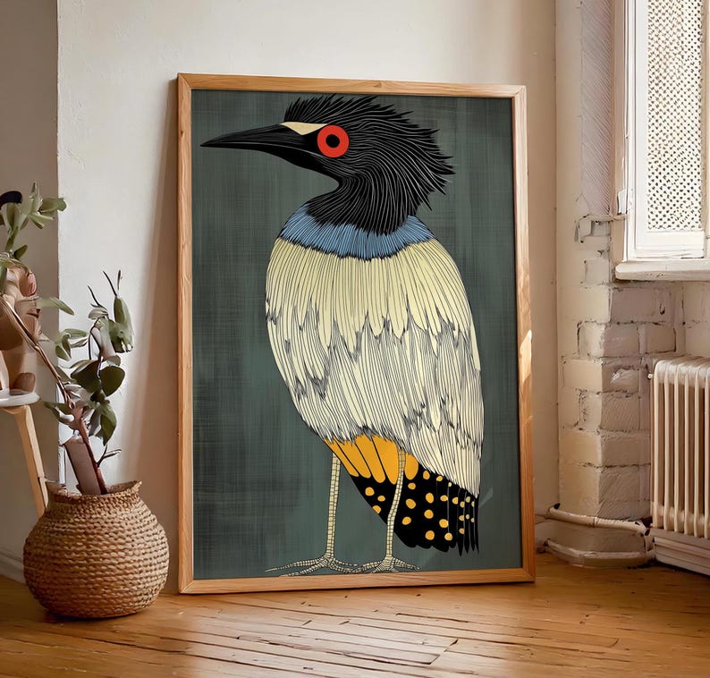 Retro vintage abstract wall art featuring beautiful depictions of Herons and designs. Mid-century modern style print perfect for kitchen decor, living room accents, or adding a pop of color to minimalist spaces. Printable art for trendy, vintage-inspired interiors.