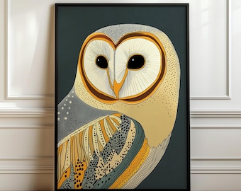 Green Gray Barn Owl Print, Retro Art Deco Wall Art, Vintage Bird Lover Decor, Trendy Owl Wall Hanging, PRINTABLE Digital Download