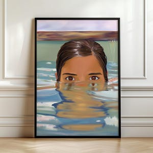 Swimming Woman Portrait, Female Portrait Painting, Japandi Wall Art, Light Academia Decor, Eclectic Abstract Female Art, Digital Download