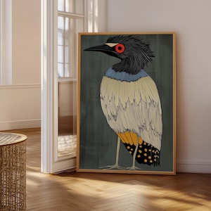 May include: A framed illustration of a bird with a black head, blue and white feathers, and yellow and black markings on its tail. The bird has a red eye and is standing on a blue background.